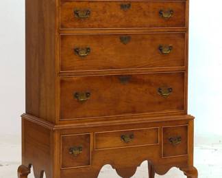 Stickley Cherry Valley Queen Anne Style Highboy Chest – high quality American made vintage cherry tall chest or Highboy with 8 dovetailed drawers and brass hardware
