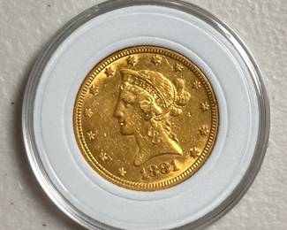 1881 $10.00 US Liberty Head Half Eagle Gold Coin