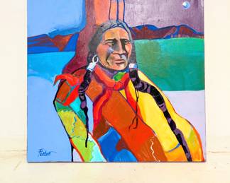 A signed original painting of a Native American in traditional dress, titled "Warrior of the Utes" by renowned artist Malcolm Furlow (1946-2023), an award-winning painter, whose accolades include the Silver award from the Sorbonne, and the highly coveted Gold Award from the world-renown Luxembourg Museum, Paris.