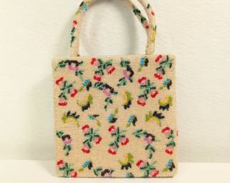 Vintage hand beaded square handbag, cream with colorful floral pattern