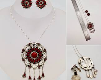 Intricate sterling silver and coral clusterwork convertible pendant-brooch with matching earrings from renowned Zuni silversmith husband-and-wife-duo Lorraine and Luwayne Waatsa.