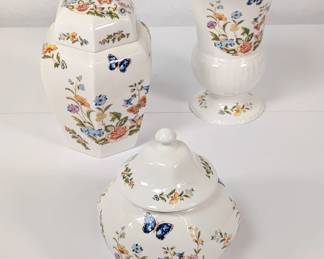 Aynsley fine English bone china ginger jar, lidded sugar bowl and vase in Cottage Garden pattern