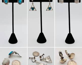 We have a wonderful selection of silver earrings like this trio of southwestern style turquoise and stamped silver work.