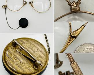 A vintage pince-nez with a Ketcham & Mcdougall retracting chain brooch case