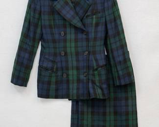 Donna Karan New York blue green plaid double breasted jacket and skirt set