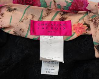 Closeup of Christian Lacroix silk floral print and black lace dress, size 38, made in France