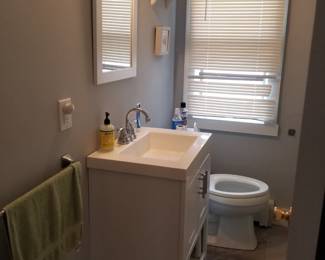 Updated bath vanity; vanity mirror; vanity lights