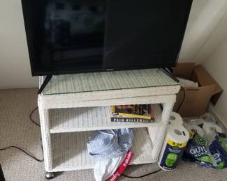 Wicker TV cart with glass top; TV
