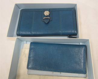VINTAGE BLUE LEATHER COACH WALLET, CHECK BOOK HOLDER AND GIFT BOX