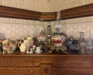 Antique vases & pottery & pitchers. Vintage oil lamps 