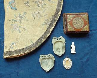Asian Rivited Overlay Box And Various Trinkets
