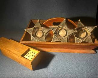 Vintage Glass Candle Holders, Dominoes, and Wooden Tray