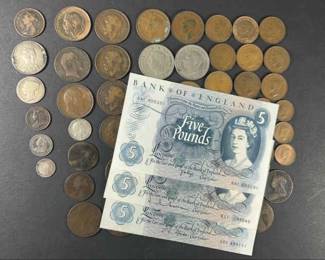 England 5 Pound Notes 1963 and Coins From Mid 1800s and Early 1900s