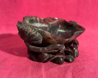 Carved Jade Lotus Dish And Wood Platform See Description