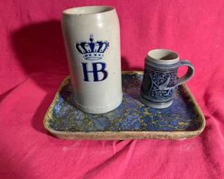 Stoneware Tray And Vintage Steins