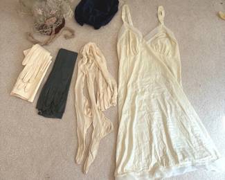 Antique Womens Slip, Gloves And Lace Hat