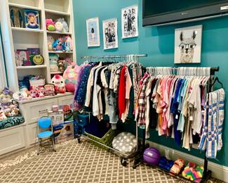 Kid's clothing, stuffed animals, toys.  TV not for sale.
