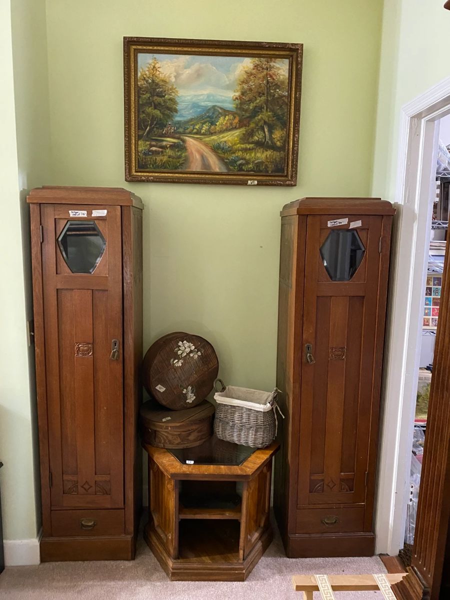 Pair of antique "hall tree" cabinets and some more awesome oil on canvas.
