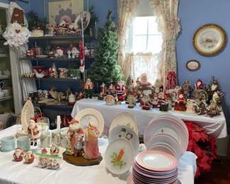 Handpainted Christmas items in front. Massive collection of collectibles in back.