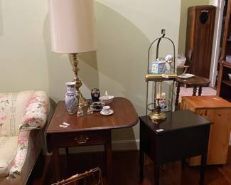 The other side table, glass etagere, storage tables, vintage lamps and magazine racks.