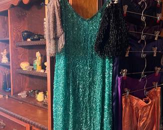 Beautiful, sparkly dress, perfect for dinner and dancing! The antique purses are a unique find; one black and one beige! 