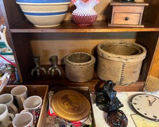 Check out the Mid-Century French Cheese boxes on the lower right shelf! A special find! Plus mugs and other treasures you don't want to miss! 