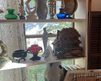 Bottom shelf, on the right, is a Primitive Whites Utica Blue Salt Glaze Stoneware Pitcher, plus lots of beautiful glassware pieces! 
