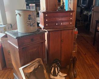 30-gallon Stoneware | Red Wing Pottery or possibly J. Maxwell out of Milwaukee. Amazing wood cabinets and drawers! Look at the cool cowboy boots; like new! Don't miss out on them! 