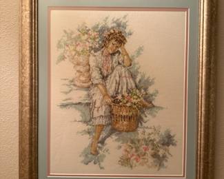 Client did this needlepoint on linen. There are many Fine needlepoint pieces in this Estate Sale.