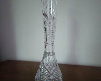 Small Crystal bud vase, ornate taller back.