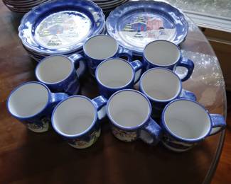 Snowman Christmas plates and mugs (made in Italy). 3 different designs on plates and mugs. There are 12 big plates, 12 medium plates, and 9 mugs.