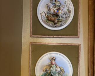Pair hunting scene bisque plaques