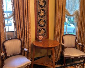 Beautiful pair of French chairs and great pine cricket table by Charbonnet and Charbonnet