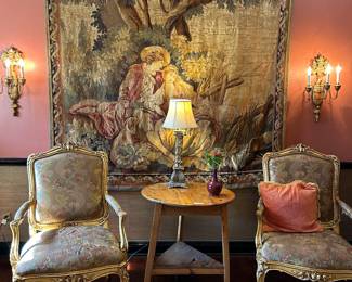 Fabulous antique 19thc Aubusson tapestry in great condition ❤️ Depicts lovers with dog and rabbit