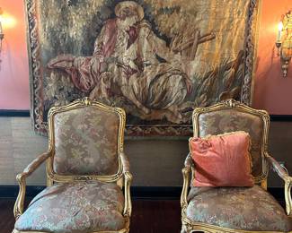 Pair of fabulous gilded French chairs in silk and exceptional Aubusson tapestry