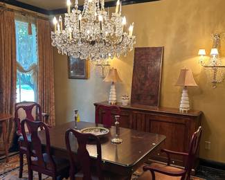 Attractive English dining table, set
of painted dining chairs
Sorry sideboard was pulled from sale 🙁