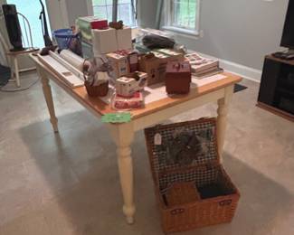 Farmhouse table and chairs, picnic basket, sewing cases and books, miscellaneous decor