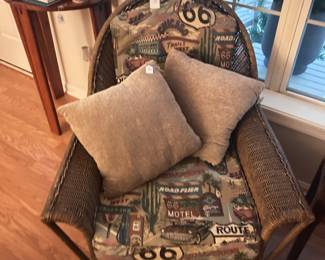 Route 66 custom made cushions on a wicker side chair