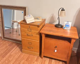 Nightstand, lamps, mirrors, file cabinets