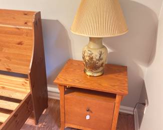 Nightstand, lamp, king size bed