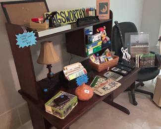 Vintage solid wood desk, vintage license plates, decor, office supplies