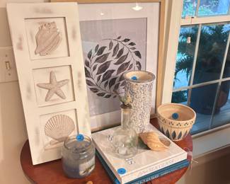 Coastal decor, vintage table, coastal coffee table books