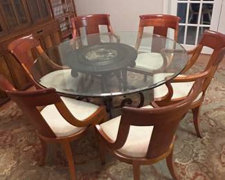Vintage glass top table and Baker Regency chairs