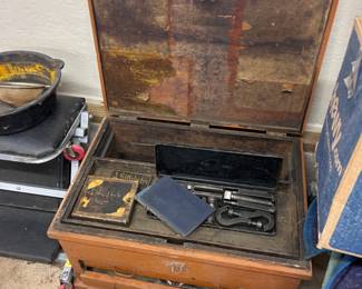 Vintage wooden tool chest with drawers and tools