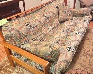 Wood frame futon with custom Route 66 fabric