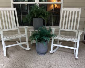 Porch rocking chairs, large faux fern planters
