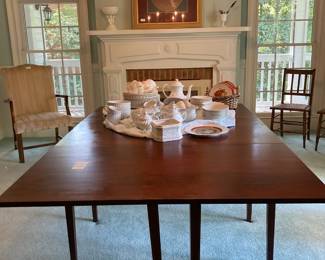 Sheraton drop leaf dining room gateleg table, c. 1920 - $1,250, J&G Meakin England Classic White, Johnson Brothers, England, Snowhite Regency, Myott Staffordshire, England, Old Chelsea White, Goldcastle, Japan, Royal Vienna Queen Louise of Prussia (china priced individually)