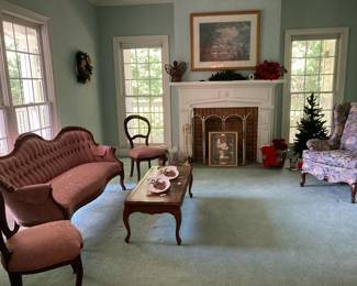 Victorian settee, c. 1870, $350, Set of 2 Victorian parlor balloon backed chairs, c. 1870, $200 for pair, Set of 2 Wingback chairs, reupholstered $100 each, Thomas Ho Art print in gold frame $140, brass fireplace access., Edourd Manet, “Bunch of White Peonies” print in gold frame, $60