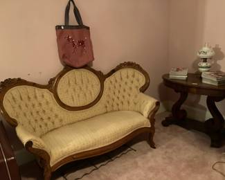 Victorian settee, $300, Oval oak table $40