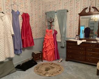 Elegant dresses, various sizes, $100 each, Dresser & mirror $175